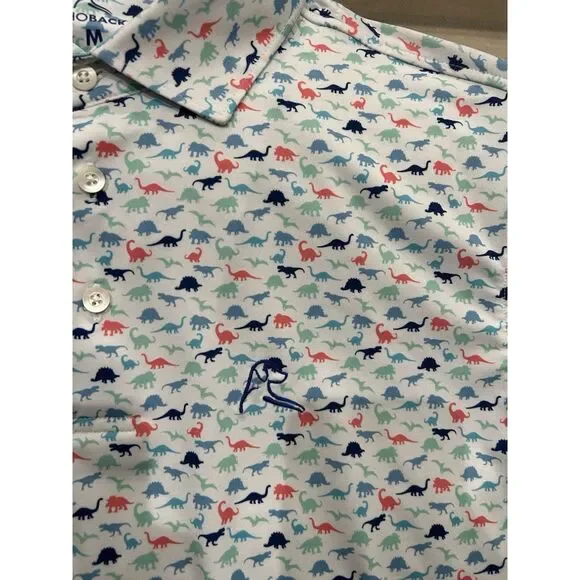 Rhoback Mens Medium Dinosaur Print Pattern Multicolor Golf Polo Shirt - Picture 2 of 7